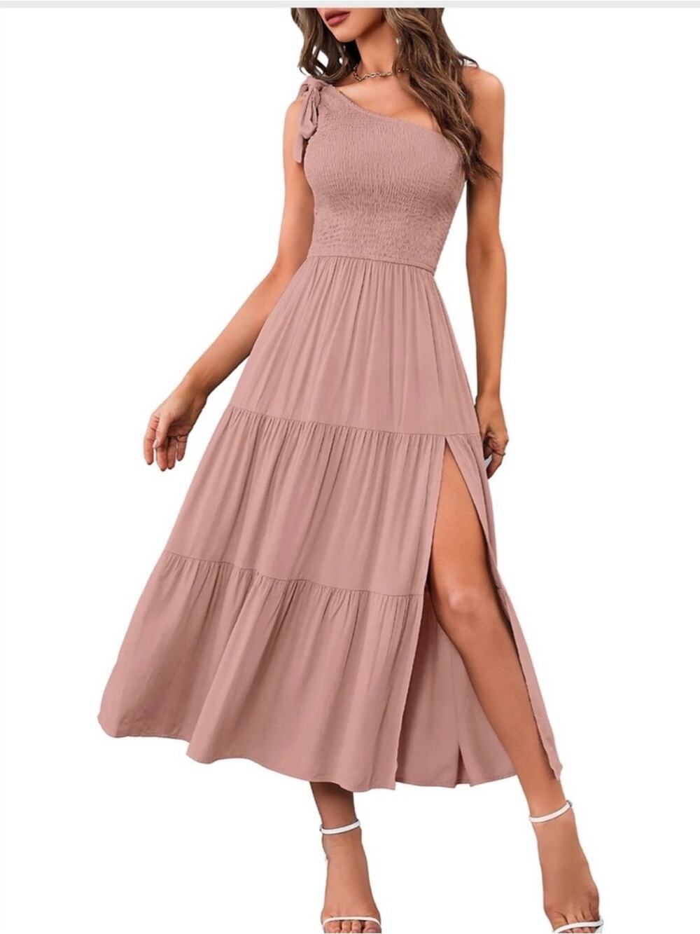 Merokeety Sz S One-Shoulder Pink Tiered Maxi Dress with Side Slit | EUC